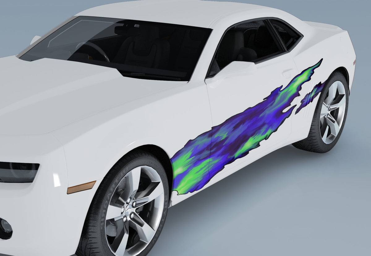 fire flames blue green vinyl decals on the side of white camaro